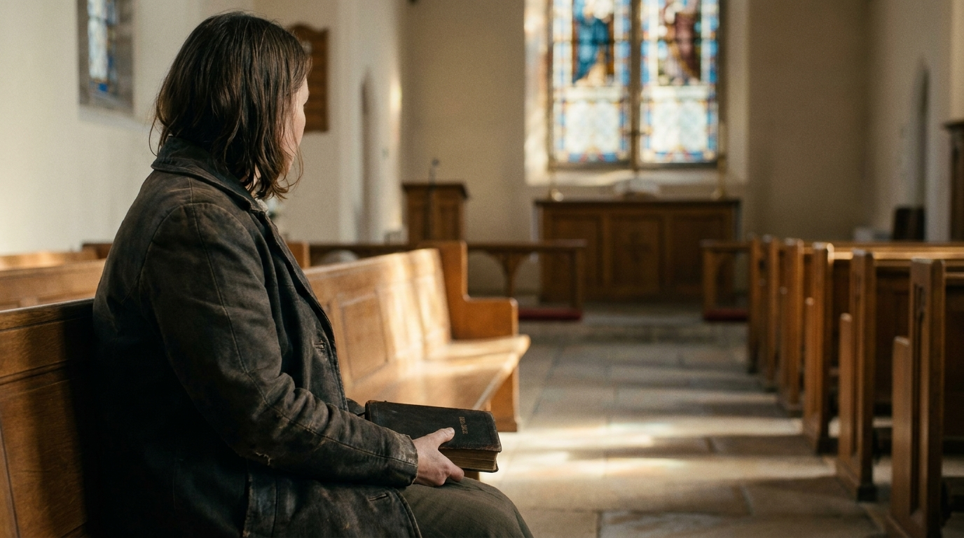 Una mujer sola en un banco de iglesia, con el asiento de al lado vacío